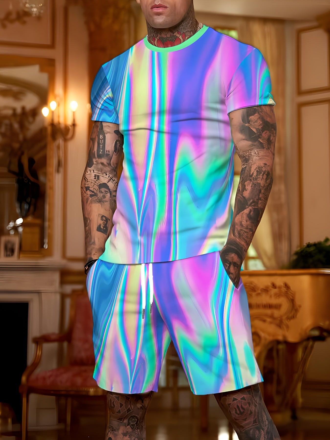Men'S Vibrant 3D Neon Print Casual Shorts & T-Shirt Set - Stretchy, Anti-Pilling Fabric, White Sneakers, Perfect for Streetwear & Casual Attire, Streetwear Outfit|Vibrant Print Design|Stretchy Fabric