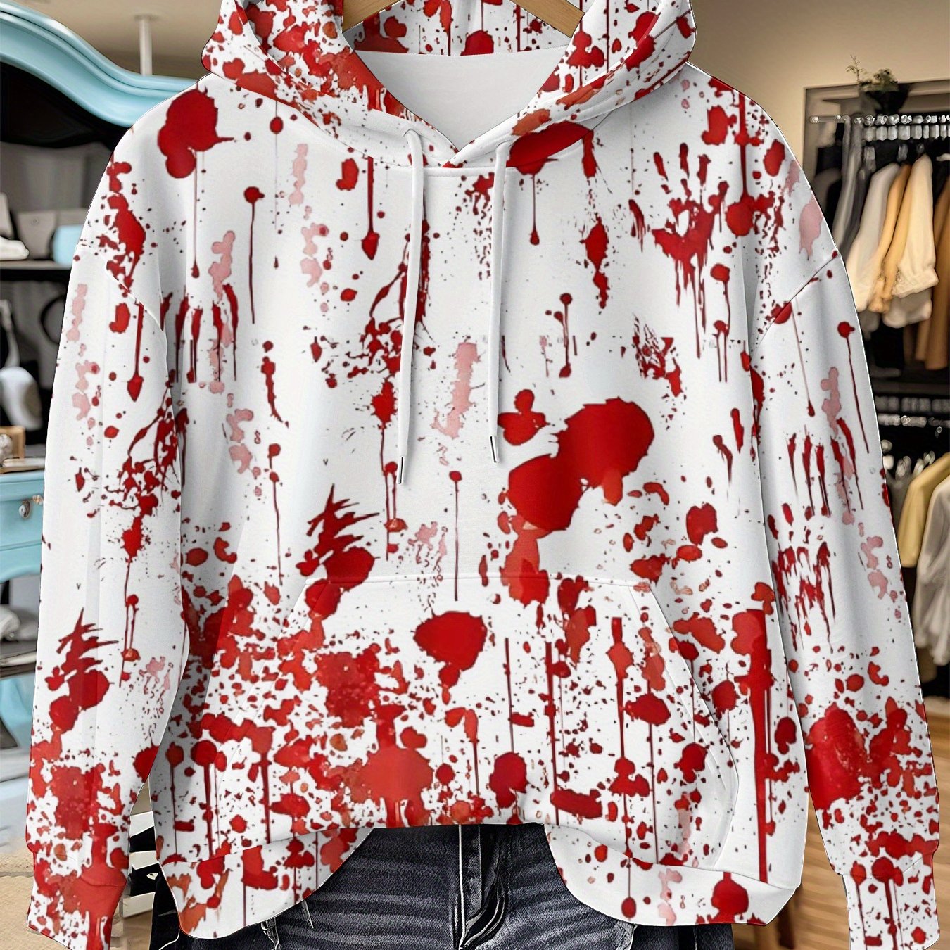 Women'S Halloween Hoodie - Full-Body Blood Splatter Print Pullover Sweatshirt, Red & White Horror Party Outfit, Machine Washable Hooded Sweatshirt for Costume Events & Everyday Gothic Fashion, Halloween Clothes, Casual Wear,