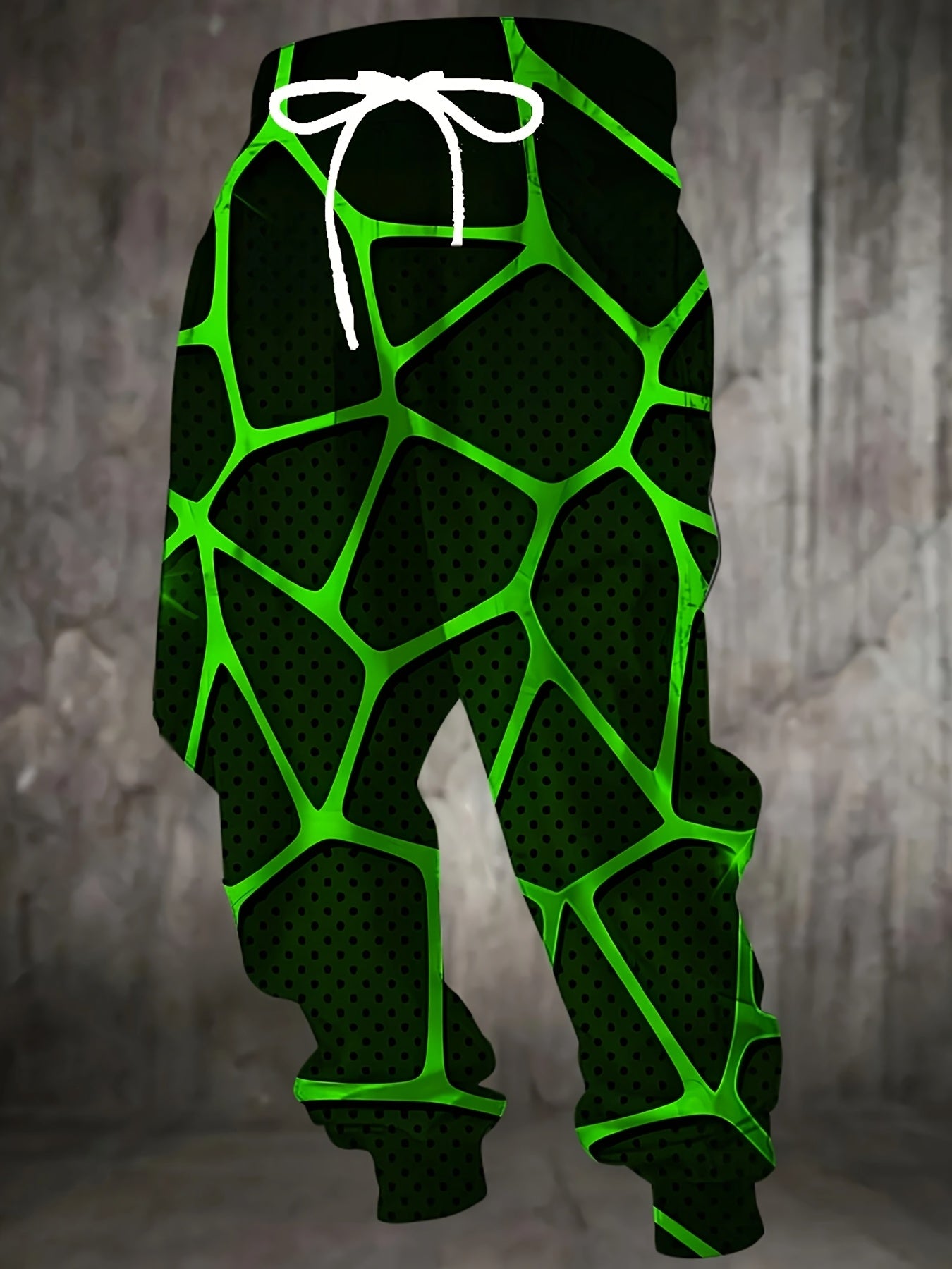 Men'S 3D Geometric Abstract Print Joggers with Drawstring Waist & Pockets - Vibrant Neon Green & Black Design, Comfortable Casual Sweatpants for Home & Leisure, Jogging Pants, Leisure Wear, Modern Streetwear, Durable Fabric