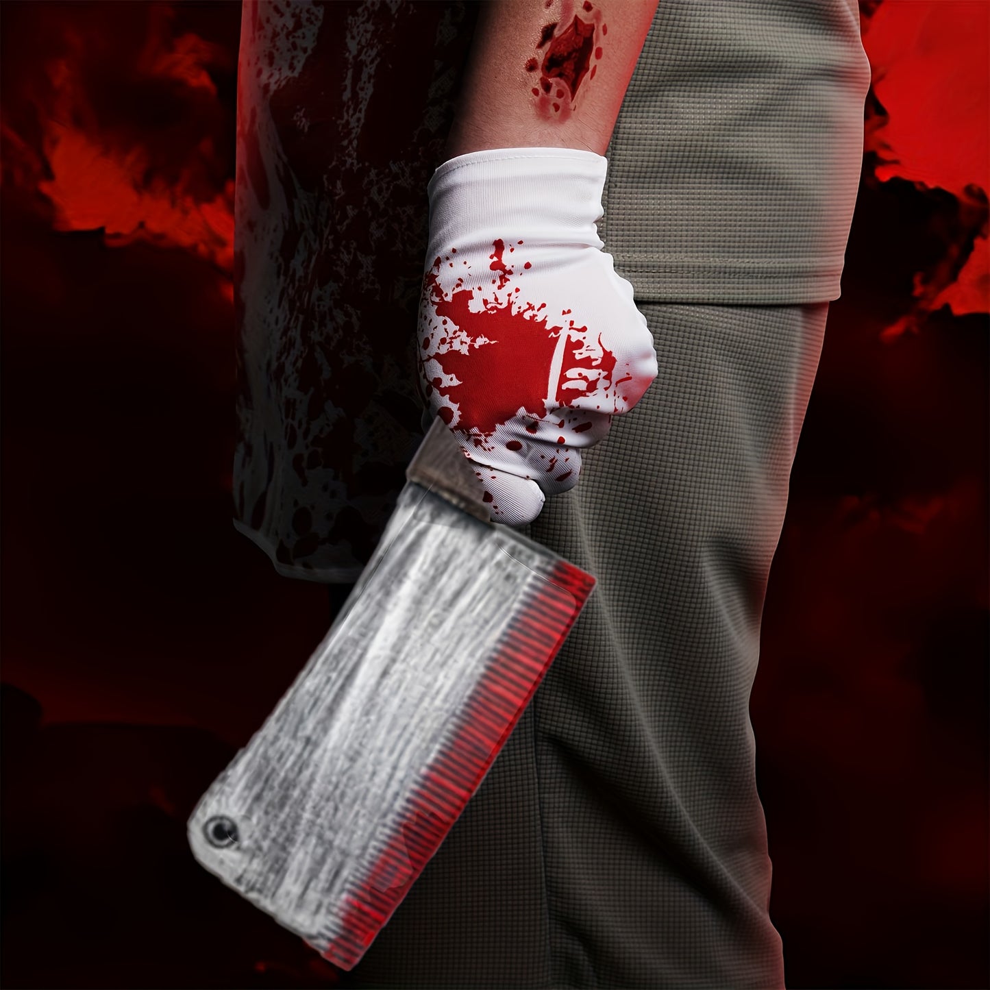 4pcs Bloody Butcher Costume Accessories Set for Men and Women, Including Axe Headband, Apron, Gloves, Fake Cleaver for Scary Party Fright Night and Halloween Party