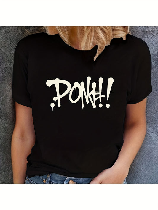 Women's Casual Graphic Print T-Shirt - Short Sleeve Crew Neck, Black with Bold "DONK!" Design, Lightweight & Comfortable for Spring & Summer, Everyday Comfort | Relaxed Fit Tee | Durable Fabric