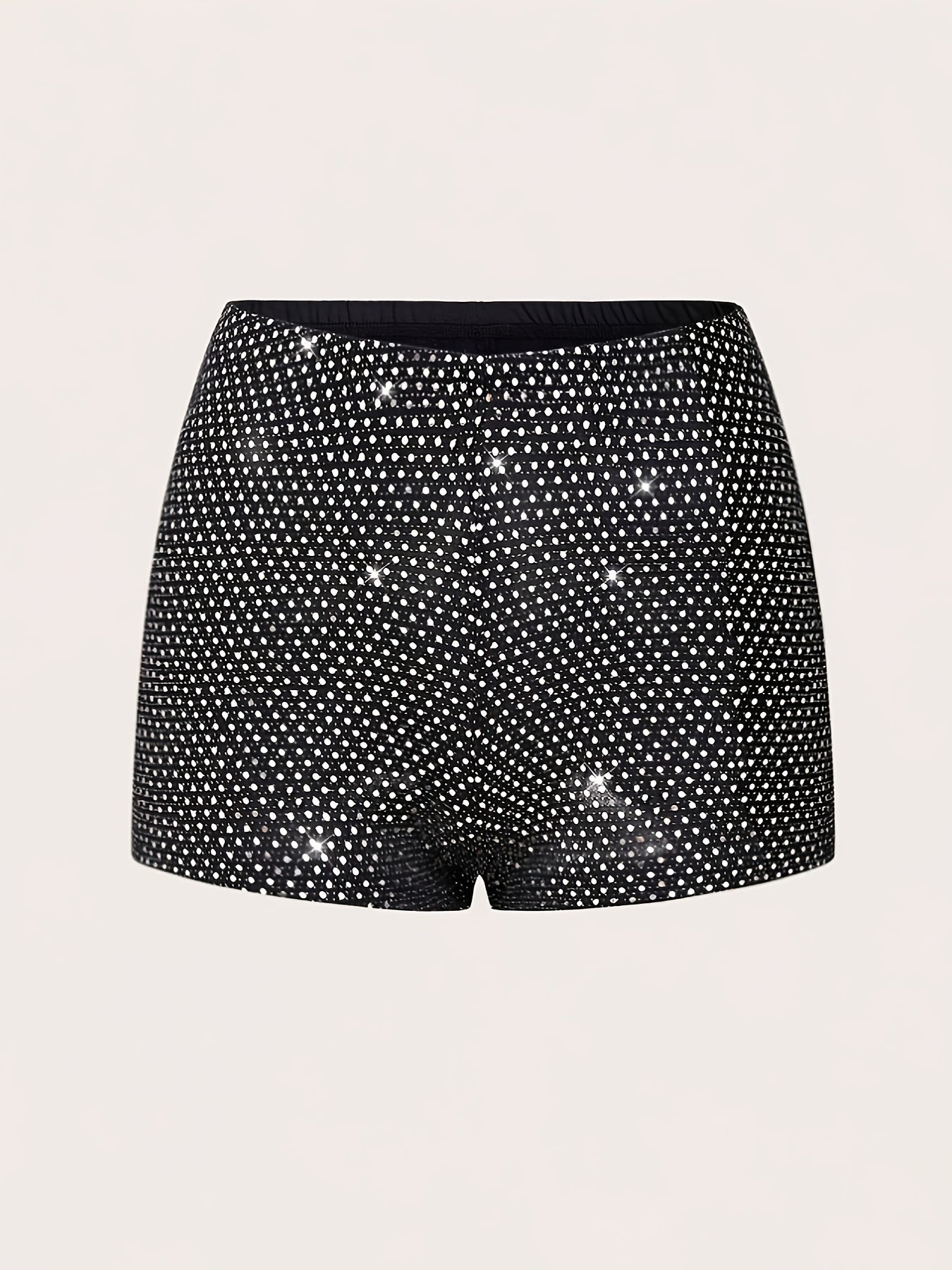 Women'S Elegant Polka Dot Sequin Shorts - Stretchy, Glittery Black & White High-Waisted Mini Skort with Side Pockets, Perfect for Spring/Summer/Fall Parties, Party Wear, Highwaisted Design, Side Pocket Detail