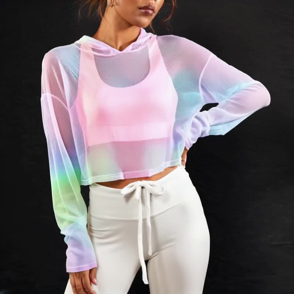 Gradient Color Loose-Fit Breathable Mesh Hoodie - Women's Casual Fashion Long Sleeve T-Shirt with Drawstring Hood, Colorful, Sports