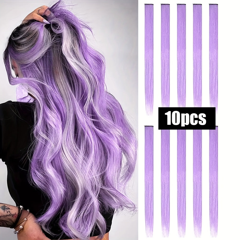 10pcs Glowing Clip-In Synthetic Hair Extensions 20-Inch Colorful Neon Glow-in-the-Dark Wigs, Easy-to-Wear Clip Design, Smooth Soft Texture, Women'S Daily Fashion Accessory for Halloween New Year Parties