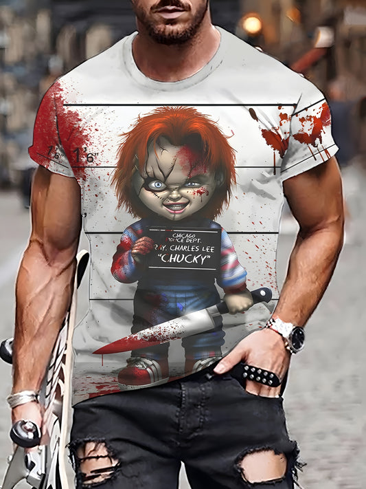 Men'S Halloween Graphic T-Shirt - 3D Print Chucky Design with Blood Splatter, Black Shorts, and Knives, Casual Crew Neck Tee for Casual Attire, Halloween Shirts