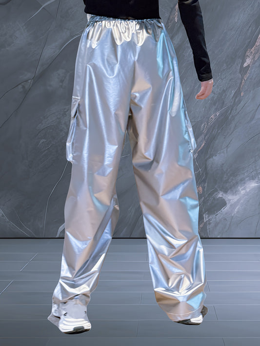 Reflective Hip-Hop Jazz Women'S Wide-Leg Pants - Elastic Waist, Silvery Texture, Loose Fit with Pockets, Machine Washable, Perfect for Streetwear & Casual Style, Spring Autumn Trousers, Street Style Pants | Loose Fit Pants |
