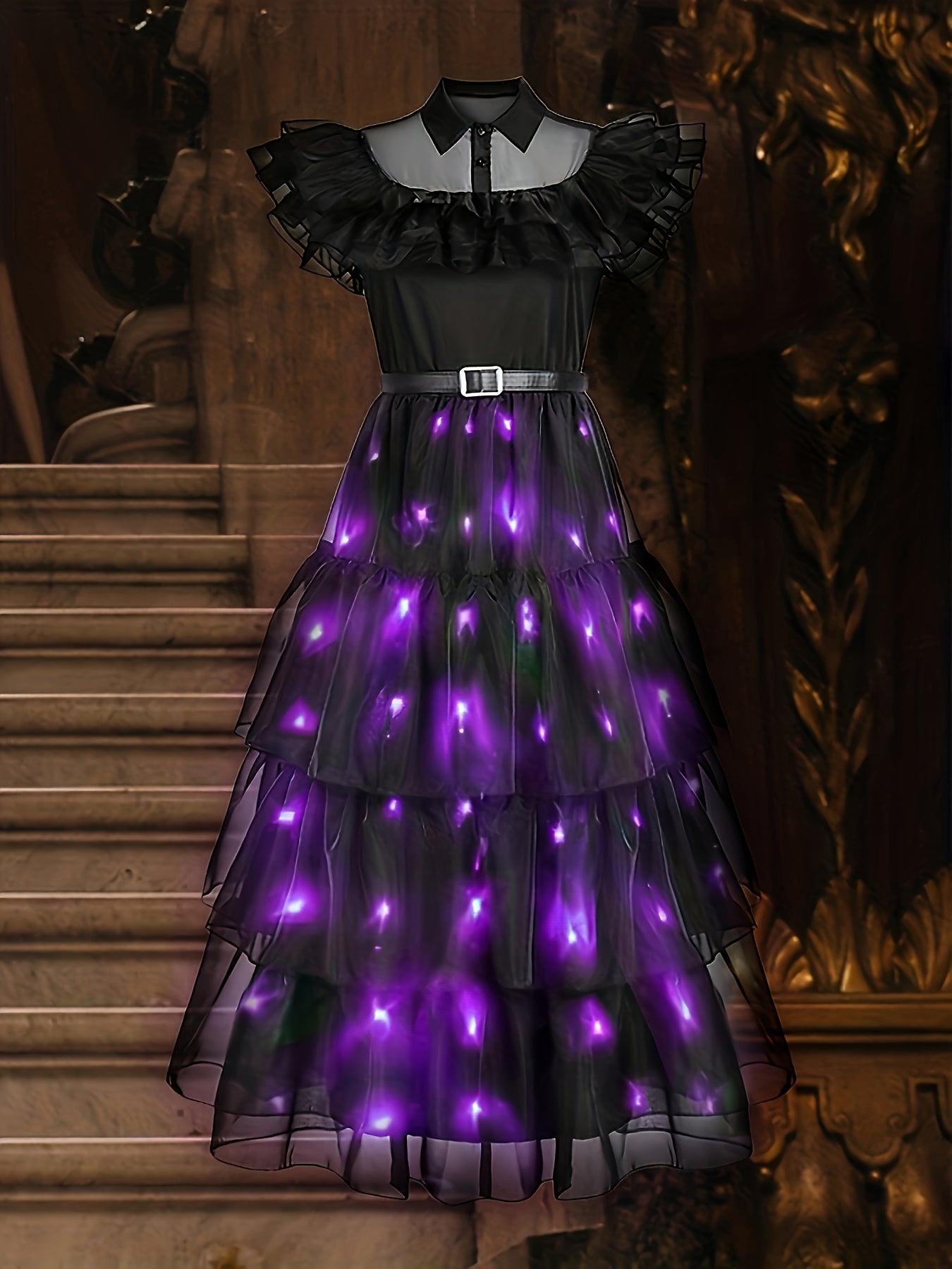 UPORPOR Gothic Mesh LED Dress - Black Tiered Gothic Party Dress with Purple LED Lights, Short Sleeve, Crew Neck, Non-Stretch Fabric, Halloween (Battery Not Included), Halloween | Layered Fashion | Mesh Fabric