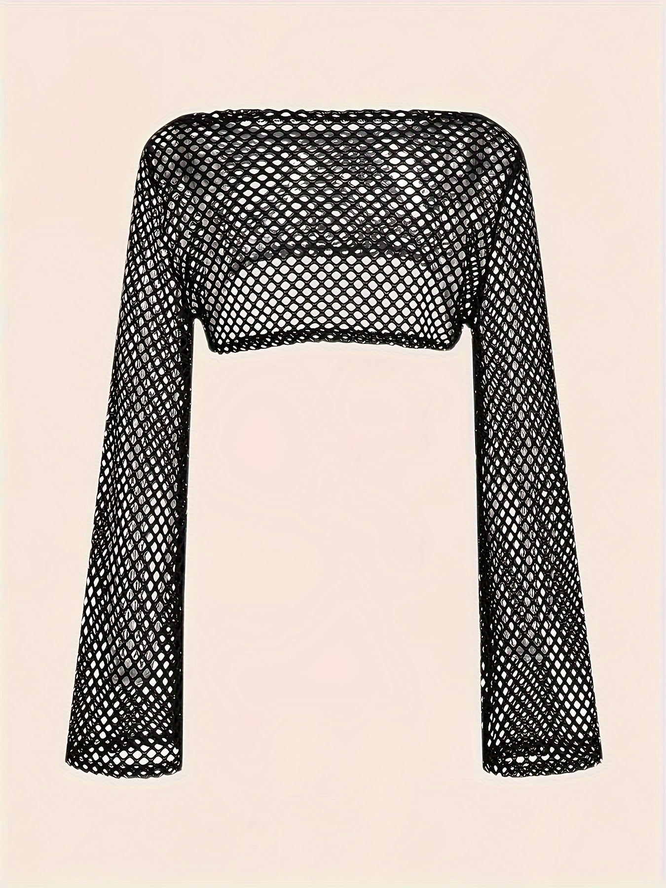 Y2K Fishnet Hollow Out Crop Sweater, Long Sleeve Solid Color Shrug Top For Summer & Spring, Women's Clothing