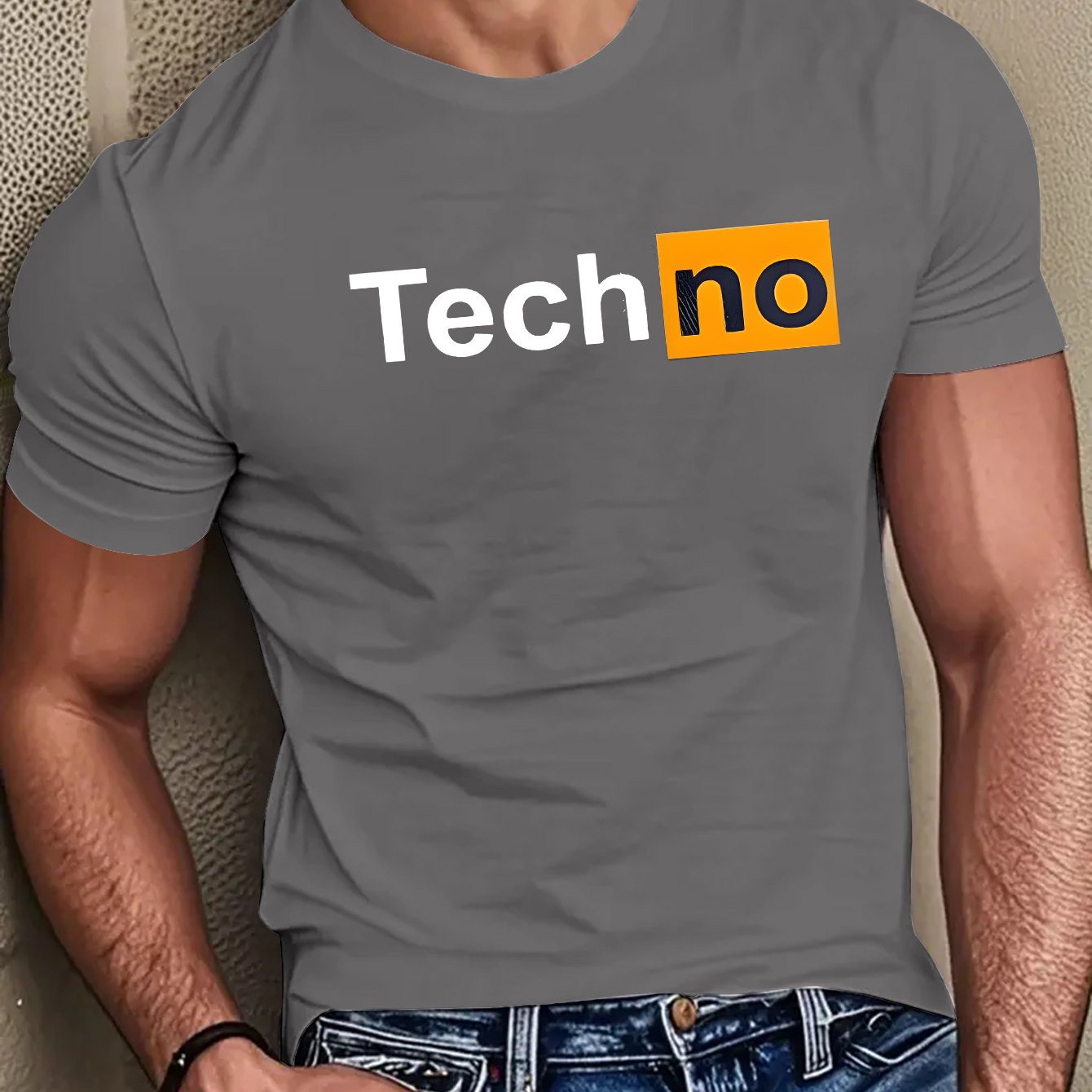 Men's Casual Summer T-Shirt - Soft Breathable Fabric with Bold "Techno" Letter Print & Orange Accent, Ribbed Collar, Regular Fit for Casual Attire, Summer T Shirts, Classic Round Neckline, Comfortable Tee Construction