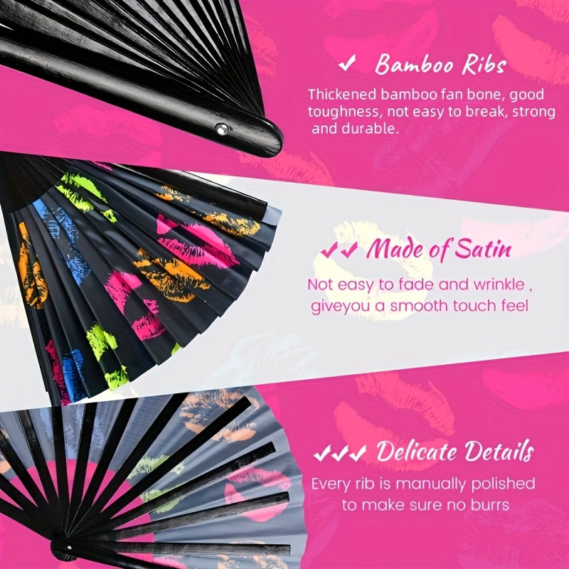 13 - Inch Reactive Bamboo Folding Fan with Vibrant Lip Print Design - Glow in The Dark Party Accessory for EDM, Dance Festivals, Club Events and Women'S Fashion, Nightlife Gear, Tropical Vibe Accessory