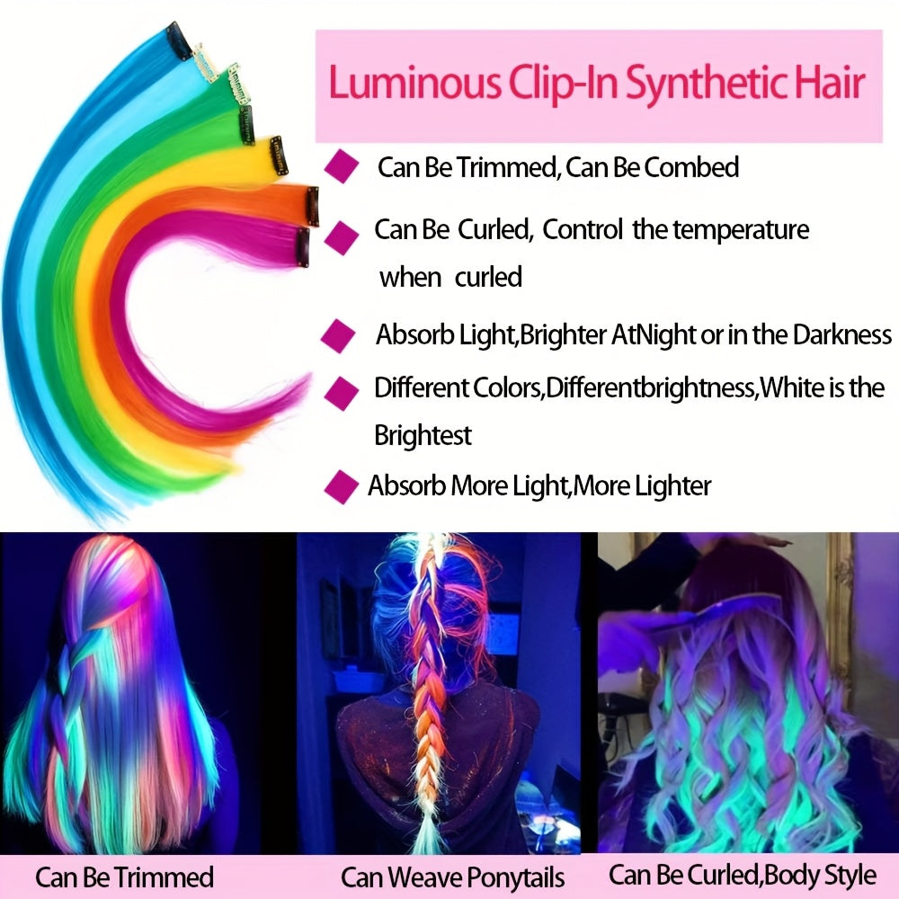 10pcs Glowing Clip-In Synthetic Hair Extensions 20-Inch Colorful Neon Glow-in-the-Dark Wigs, Easy-to-Wear Clip Design, Smooth Soft Texture, Women'S Daily Fashion Accessory for Halloween New Year Parties