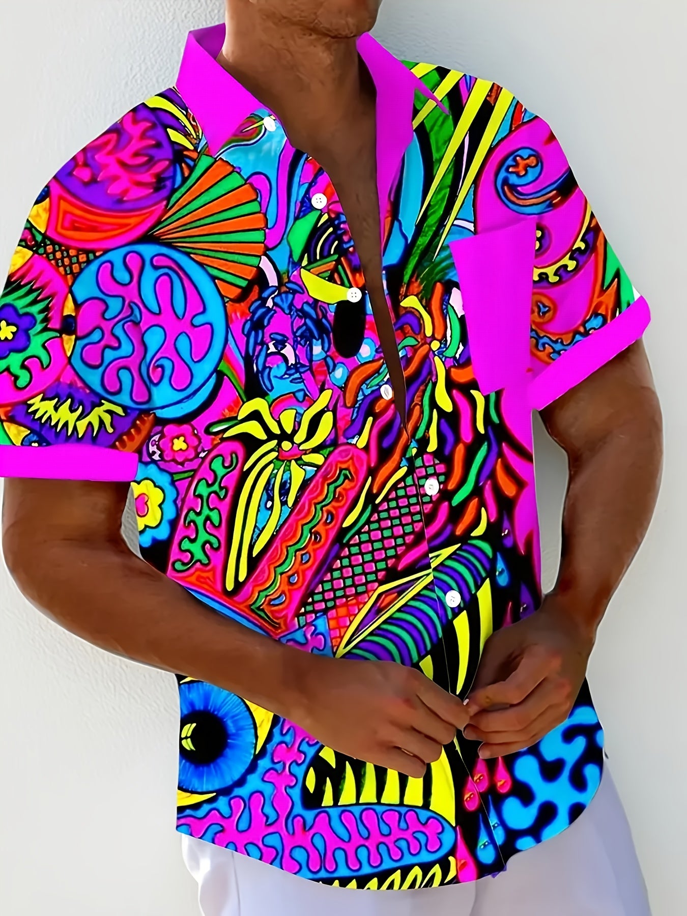 Men's Vintage Neon Abstract Shirt - Bold 3D Digital Print Button-Up Collar - Lightweight Polyester Formal & Casual Summer Shirt - Machine Washable Everyday & Evening Outfits, Smooth Texture Fabric