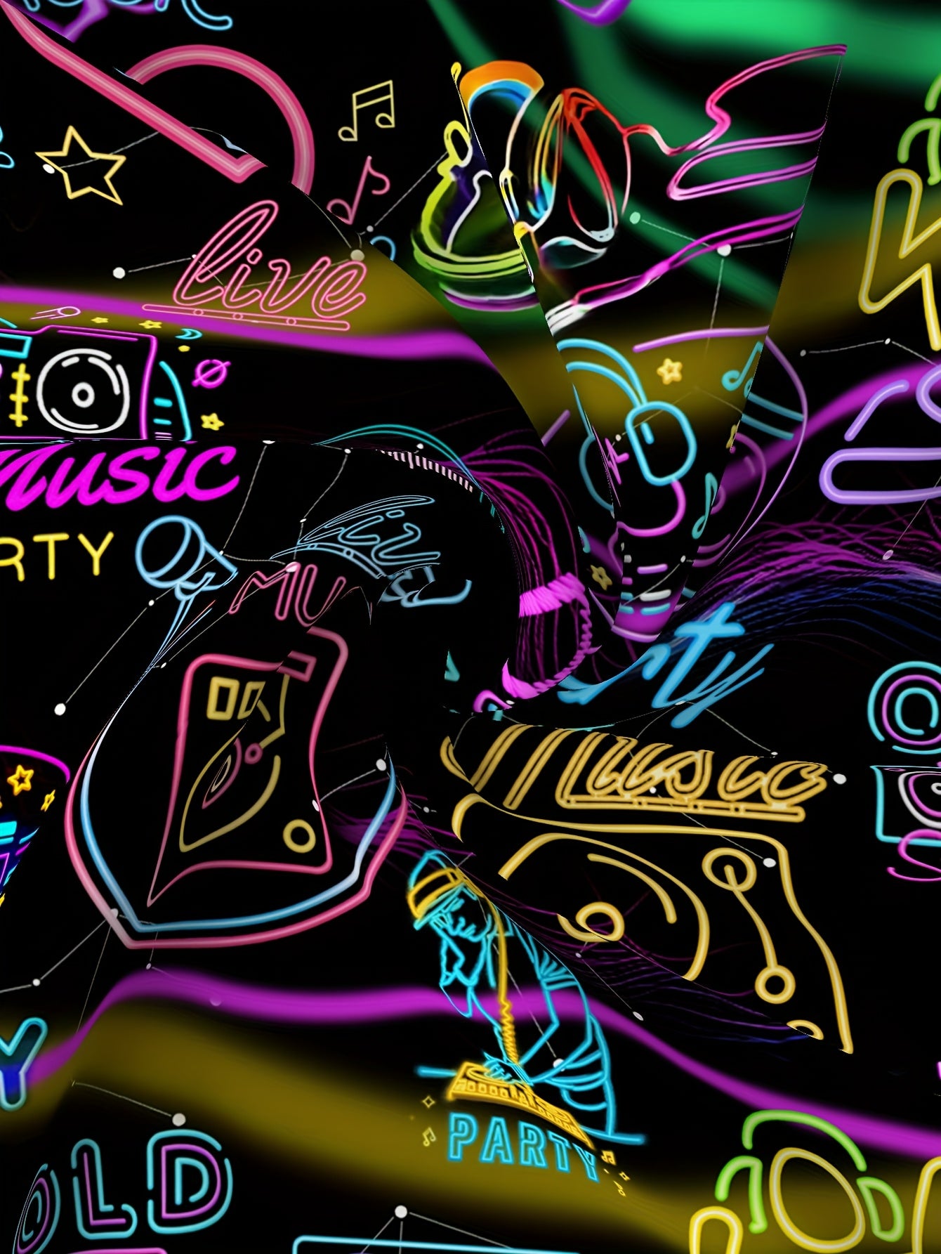 Men's Casual Short Sleeve Hawaiian Shirt - Neon Music Party Graphic T-Shirt with DJ Turntable & Music Note Print, Vibrant Polyester Fabric for Summer Vacation, Club Nights & Casual Outings, Hawaiian Theme Party, Retro Graphic