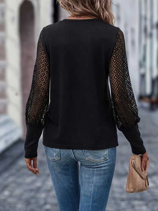 Skull Rhinestone Crew Neck T-Shirt, Contrast Lace Long Sleeve T-Shirt For Spring & Fall, Women's Clothing