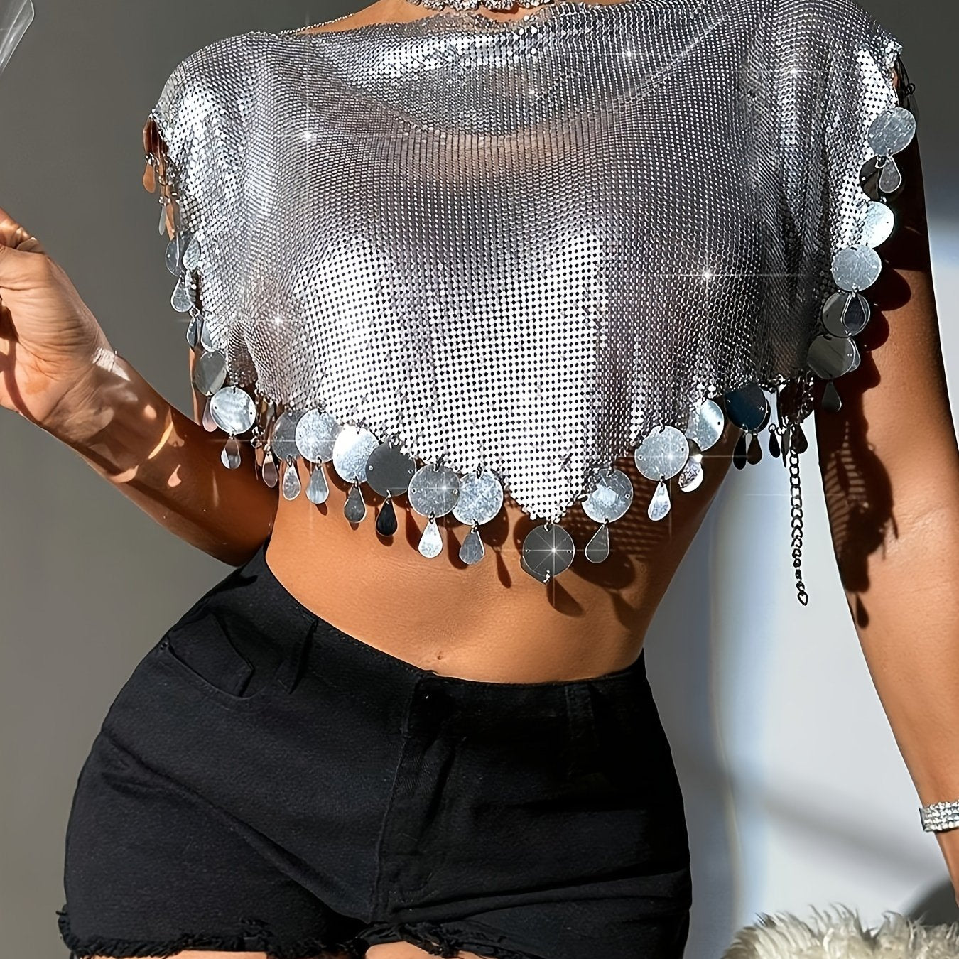 Elegant Sequin Off-the-Shoulder Top with Metallic Chain Detail - Sexy Backless Design for Women, Perfect for Parties and Casual Outfits, Party Wear | Glamorous Look | Decorative Chains
