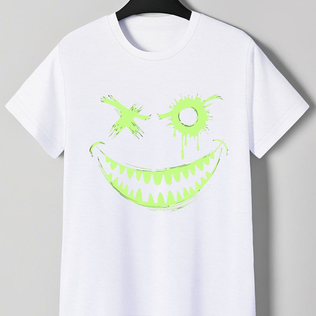 Men's Neon Green Glow-in-the-Dark Mischievous Grin Face Graphic T-Shirt - Lightweight Summer Tee for Parties, Casual Attire & Costume Events - Non-Transparent Casual Shirt for Adults, Playful Design, Machine Washable Fabric
