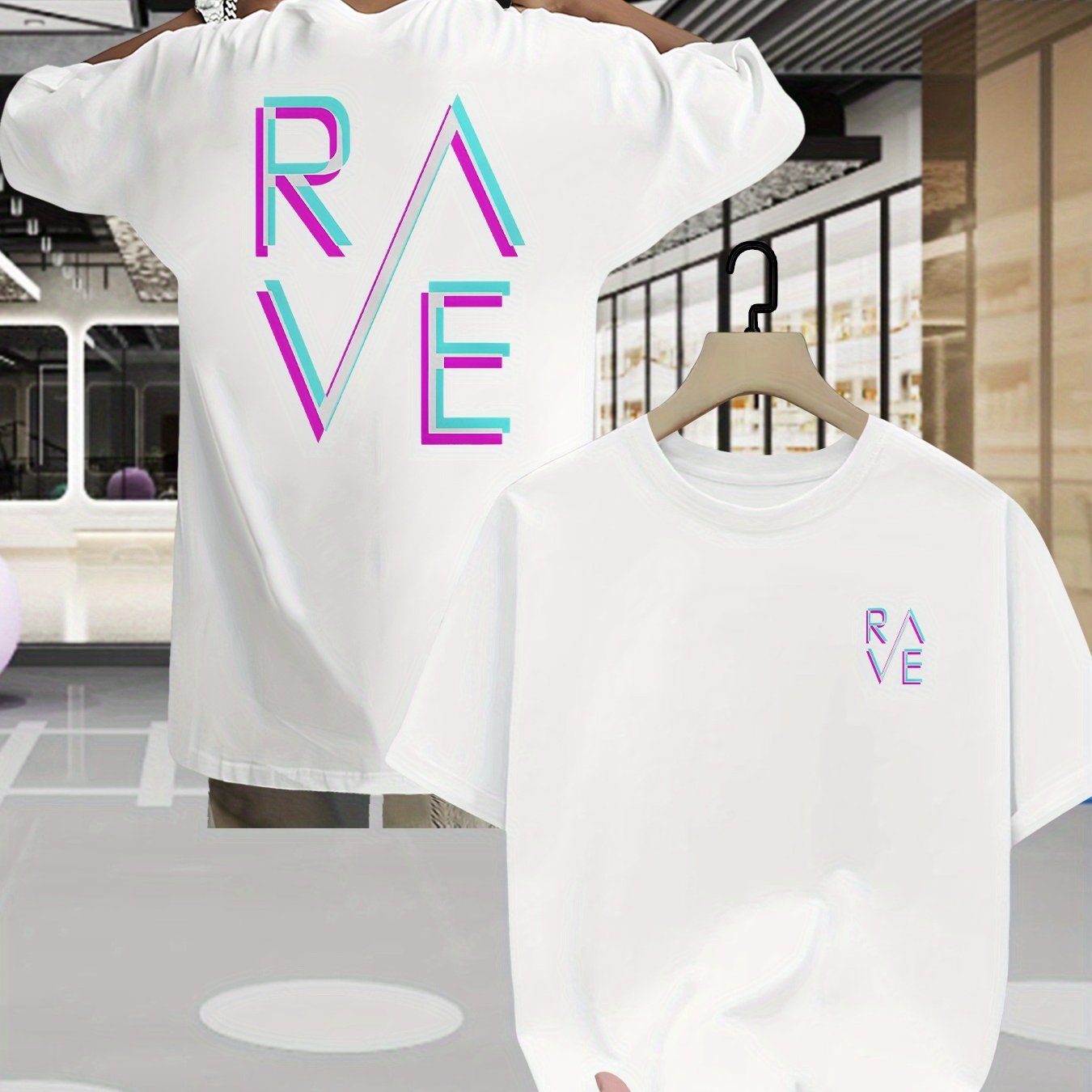 Men'S Summer Casual RAVE Graphic T-Shirt - Black with Pink & White Neon Print, Short Sleeve, Round Neck, Lightweight Polyester Blend, Perfect for Casual Attire, Everyday Tshirt | Round Neck Shirt | Comfortable Fit