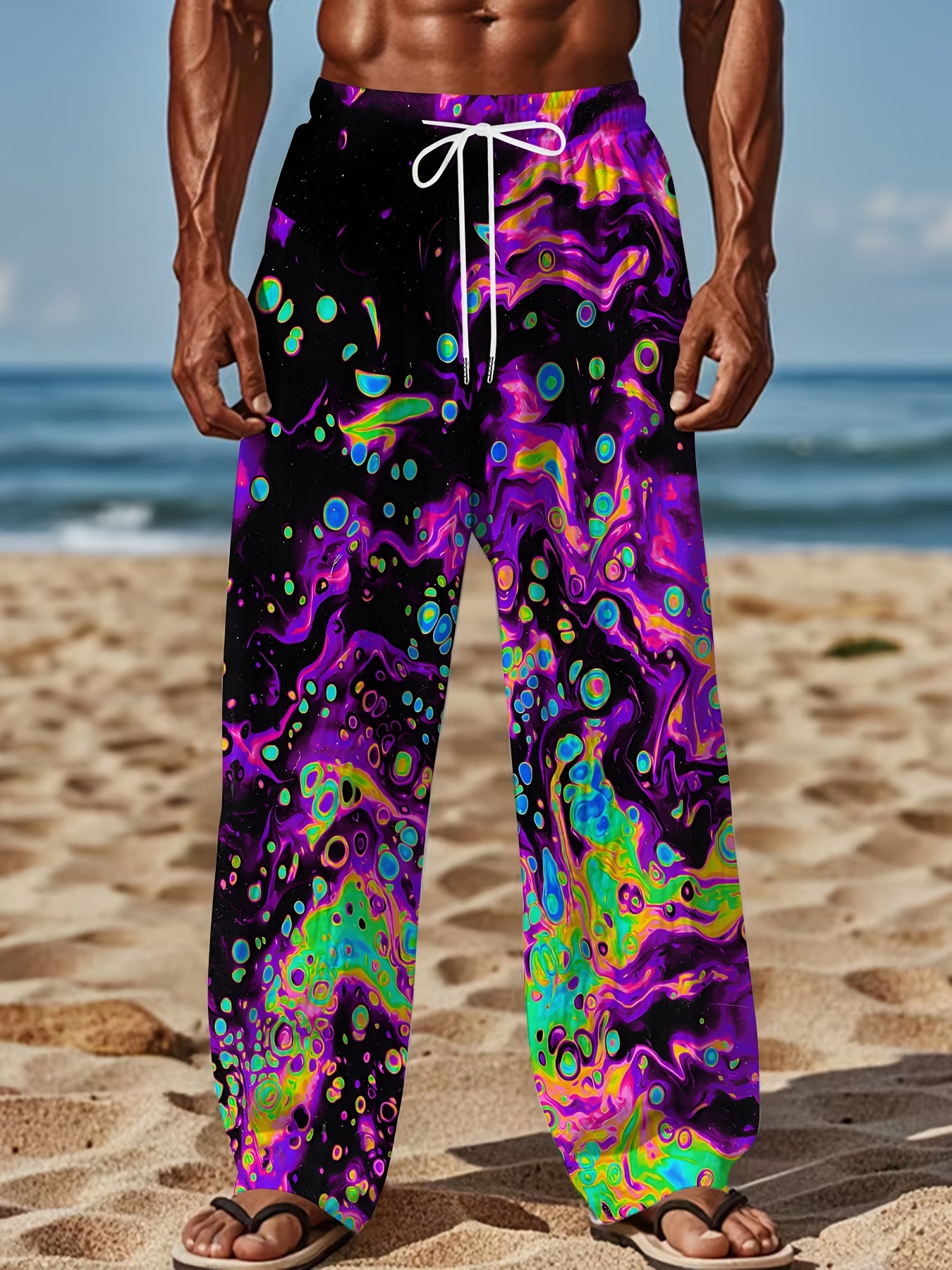 Men's Psychedelic Swirl Print Straight-Leg Pants - Vibrant, Loose Fit with Drawstring Waist | Casual Polyester Trousers for Teens & Adults, Machine Washable