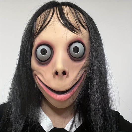 1pc MOMO Mask for Adult Horror Devil Mask with Long Hair, Scary Costume Halloween Creepy Cosplay Party Decoration Prop