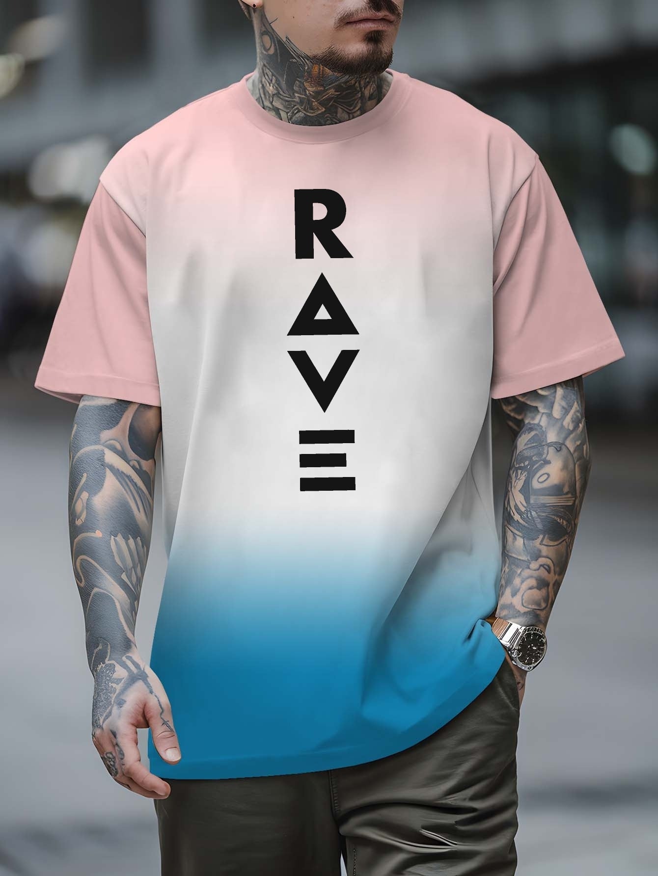 Men's Gradient Rave Graphic T-Shirt - Ice Silky Breathable, Quick-Dry, Round Neck, Short Sleeve, Casual Summer Tee in Vibrant Orange to Black Ombre Design