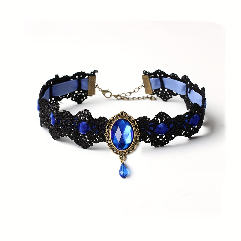 Gothic Lace Choker Necklace with Rhinestone, Adjustable Clavicle Jewelry, Women'S Fashion Collar, Gift for Parties, Halloween, All-Season Accessory