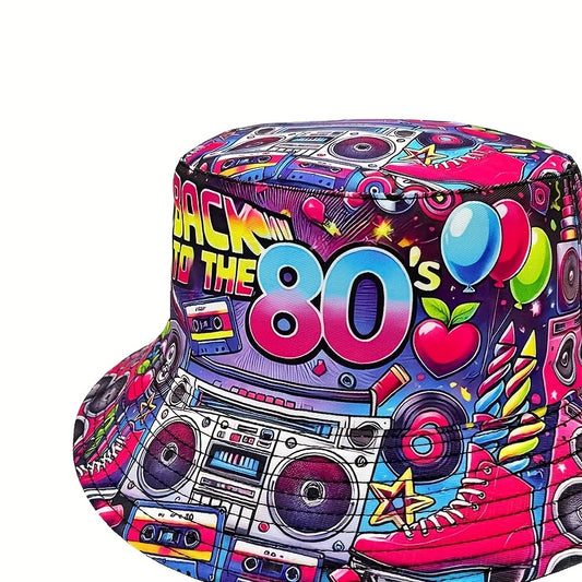 1pc "Back to the 80s" Retro Hip-Hop Bucket Hat - Vibrant Neon & Retro Graphic Design, Lightweight Polyester, Machine Washable, Perfect for Parties, Outdoor Events, and Gifts, Outdoor Headwear | Retro Hip Hop Style | Durable H