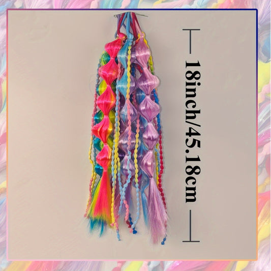 6pcs Clip-On Synthetic Hair Extensions for girls - Lantern Bubble Braids with Gradient Color Stripes, Elastic Band for Secure Attachment, Adds Volume & Length for Parties, Festivals, Cosplay, Party Hair Accessory, Easy Attach