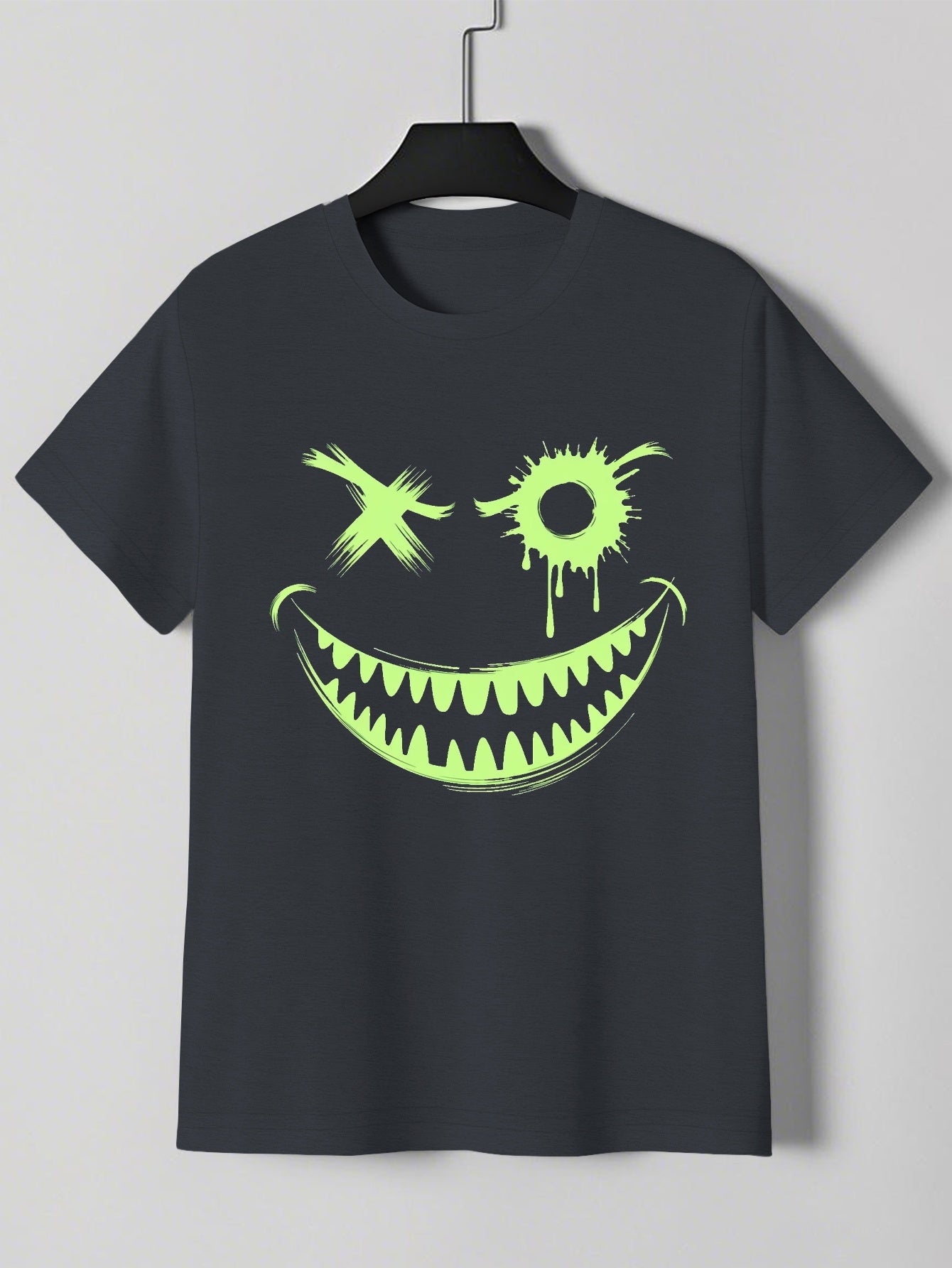 Men's Neon Green Glow-in-the-Dark Mischievous Grin Face Graphic T-Shirt - Lightweight Summer Tee for Parties, Casual Attire & Costume Events - Non-Transparent Casual Shirt for Adults, Playful Design, Machine Washable Fabric