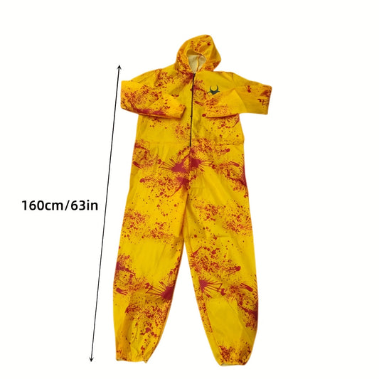 1 Set Full Zombie Costume with Gas Mask & Splatter Effects - Neon Yellow & Red Blood-Splattered Outfit, Hazmat Suit Design with Black Gloves - Easy-to-Wear Outfit for Halloween Costumes, Themed Parties & Horror Events (No Mas