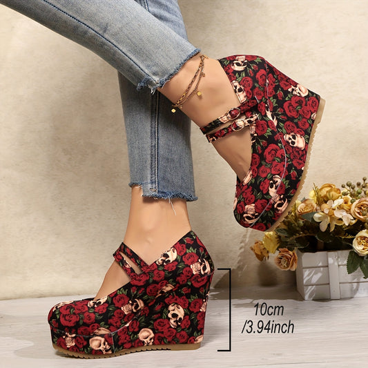 Women's Gothic Rose & Skull Print Wedge Heels - Elegant Ankle Strap Platform Pumps with Metallic Buckle, Red Floral Design on Black Background, Perfect for Casual or Stylish Outfits, Cute Heels