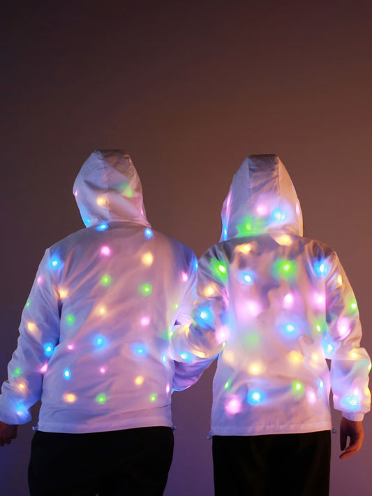 Colorful Glowing Clothing, a Stunning White Jacket, Party Hoodies, And Cool Club Outfits.