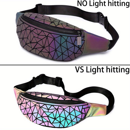 Holographic Belt Bag for Women & Men - Geometric Pattern, PVC Material, Zipper Closure, Unlined, White/Black/Blue/Gray, Perfect for Travel, Running, Sports & Festivals
