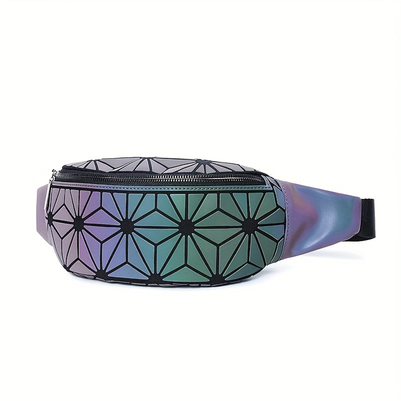 Holographic Belt Bag for Women & Men - Geometric Pattern, PVC Material, Zipper Closure, Unlined, White/Black/Blue/Gray, Perfect for Travel, Running, Sports & Festivals