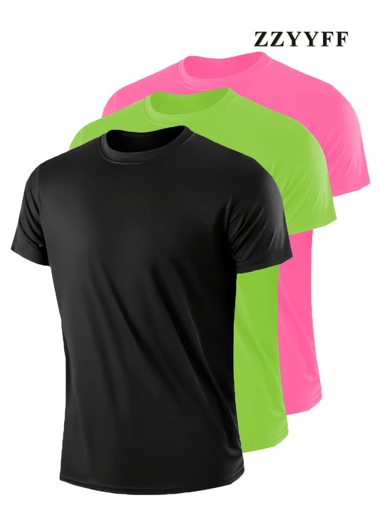 3pcs Men's Quick-Dry Breathable T-Shirts - Moisture-Wicking Lightweight Relaxed Fit Short Sleeve Tees for Gym, Training & Casual Wear - All-Season Comfort in Black, Neon Green, Pink, Solid Color Apparel, Durable Fabric Shirt