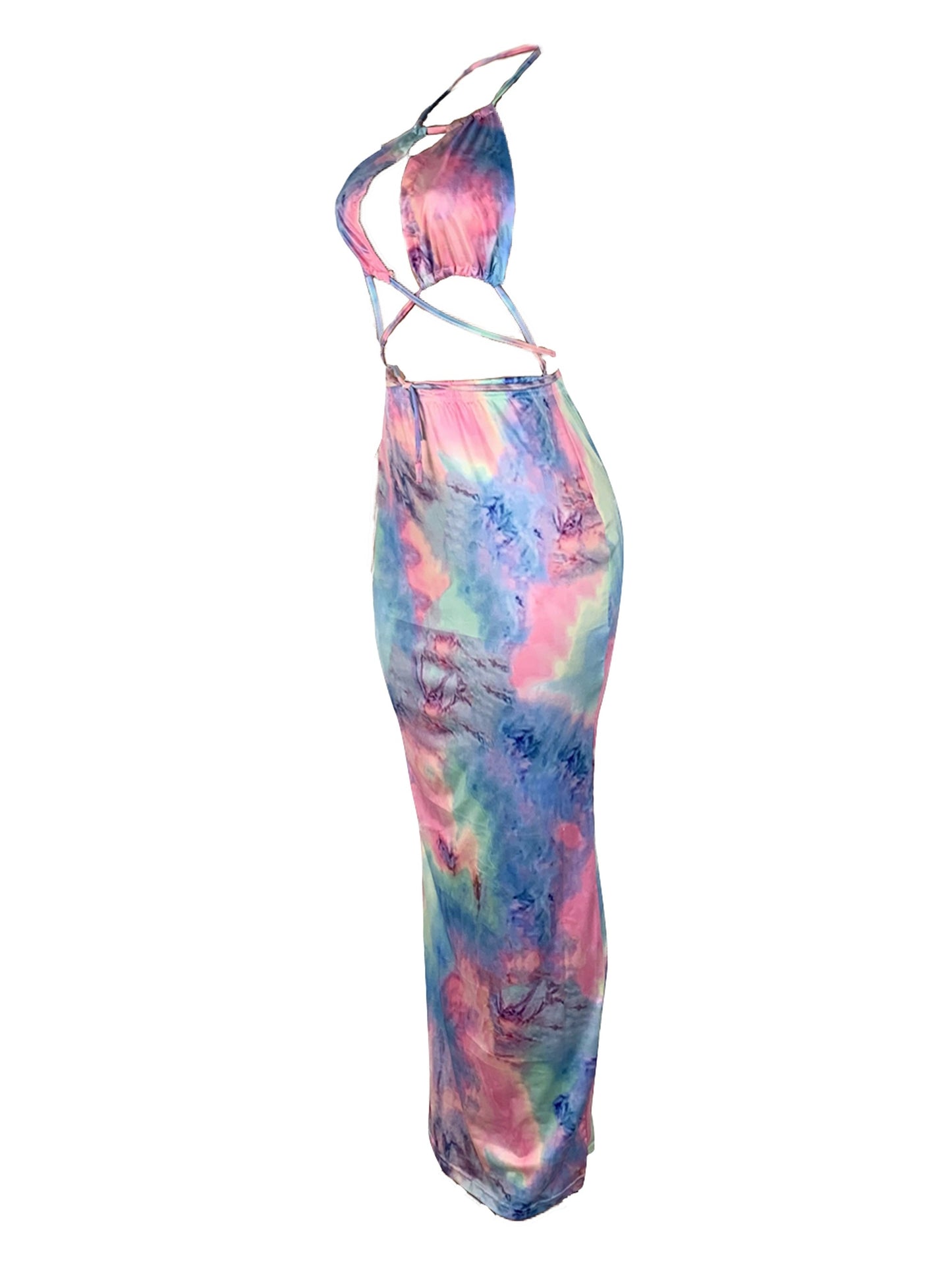 Women's Sexy Elegant Tie-Dye Print Halter Neck Bodycon Dress with Slit Detail - Long Sleeveless Machine Washable All-Season Party & Casual Outfit, Versatile Fashion, Sleek Fit Fabric, Sophisticated Craftsmanship