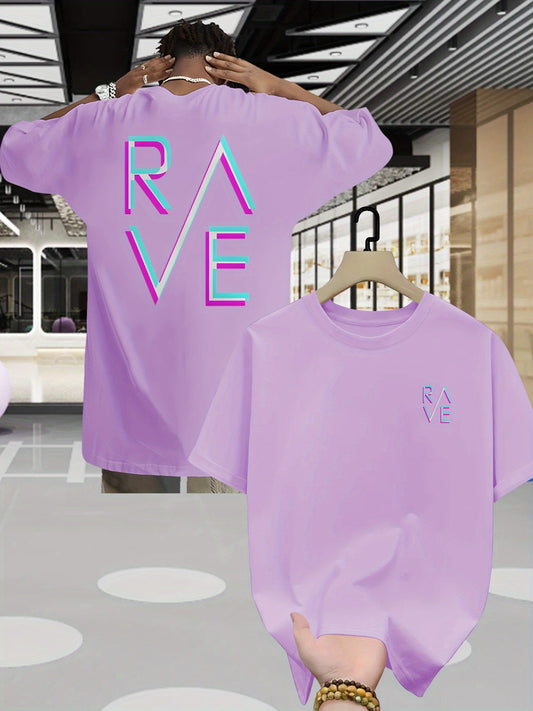 Men'S Summer Casual RAVE Graphic T-Shirt - Black with Pink & White Neon Print, Short Sleeve, Round Neck, Lightweight Polyester Blend, Perfect for Casual Attire, Everyday Tshirt | Round Neck Shirt | Comfortable Fit