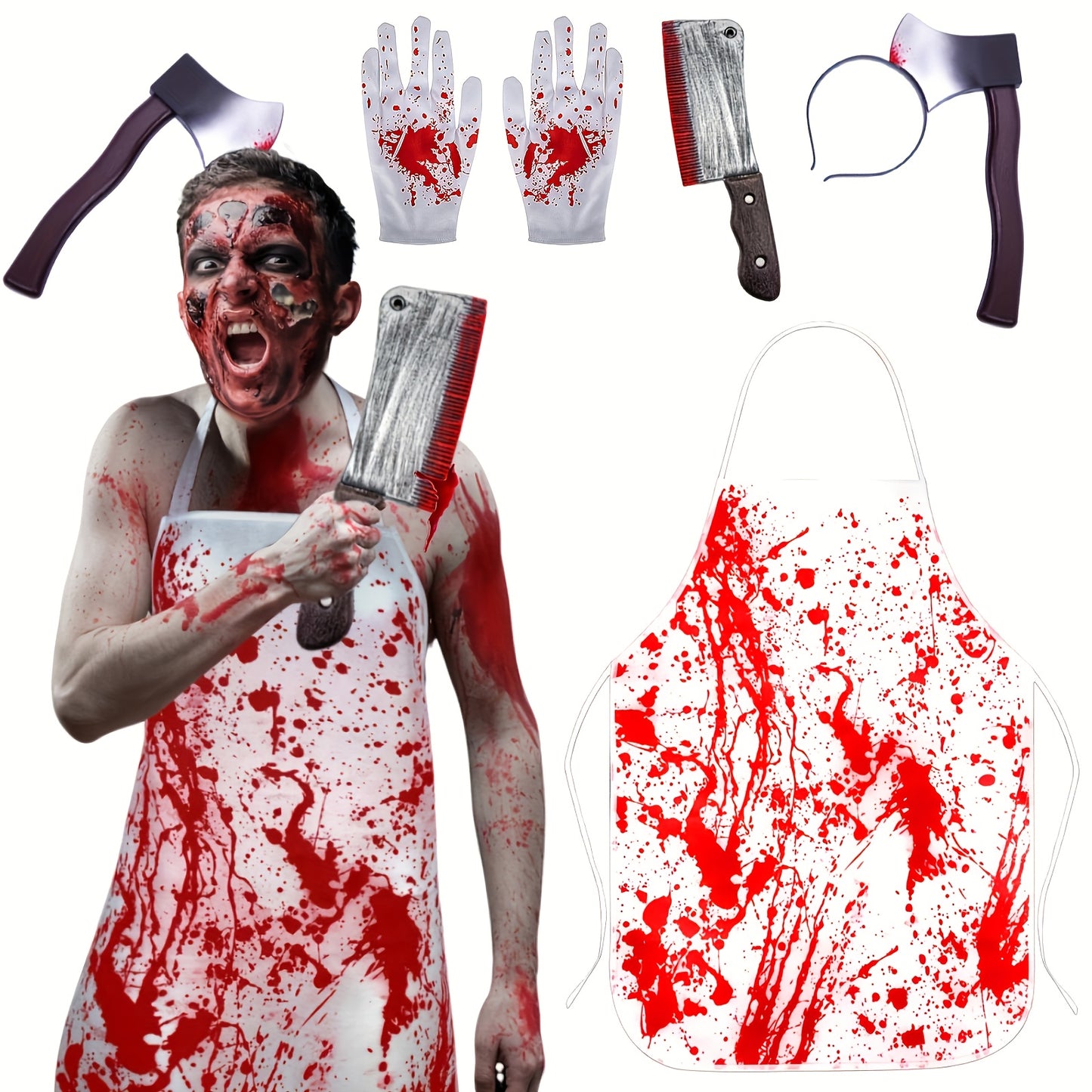 4pcs Bloody Butcher Costume Accessories Set for Men and Women, Including Axe Headband, Apron, Gloves, Fake Cleaver for Scary Party Fright Night and Halloween Party