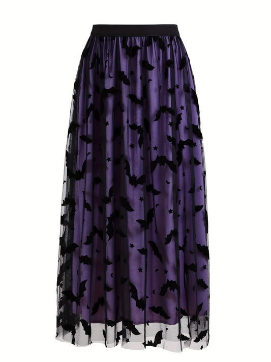Plus Size - Elegant Plus Size Purple Tulle Skirt with Black Bat Print - Mid-Length, Flowy Design, Perfect for Casual or Formal Occasions, Formal Occasion Skirt | Bat Print Skirt | Polyester Fabric