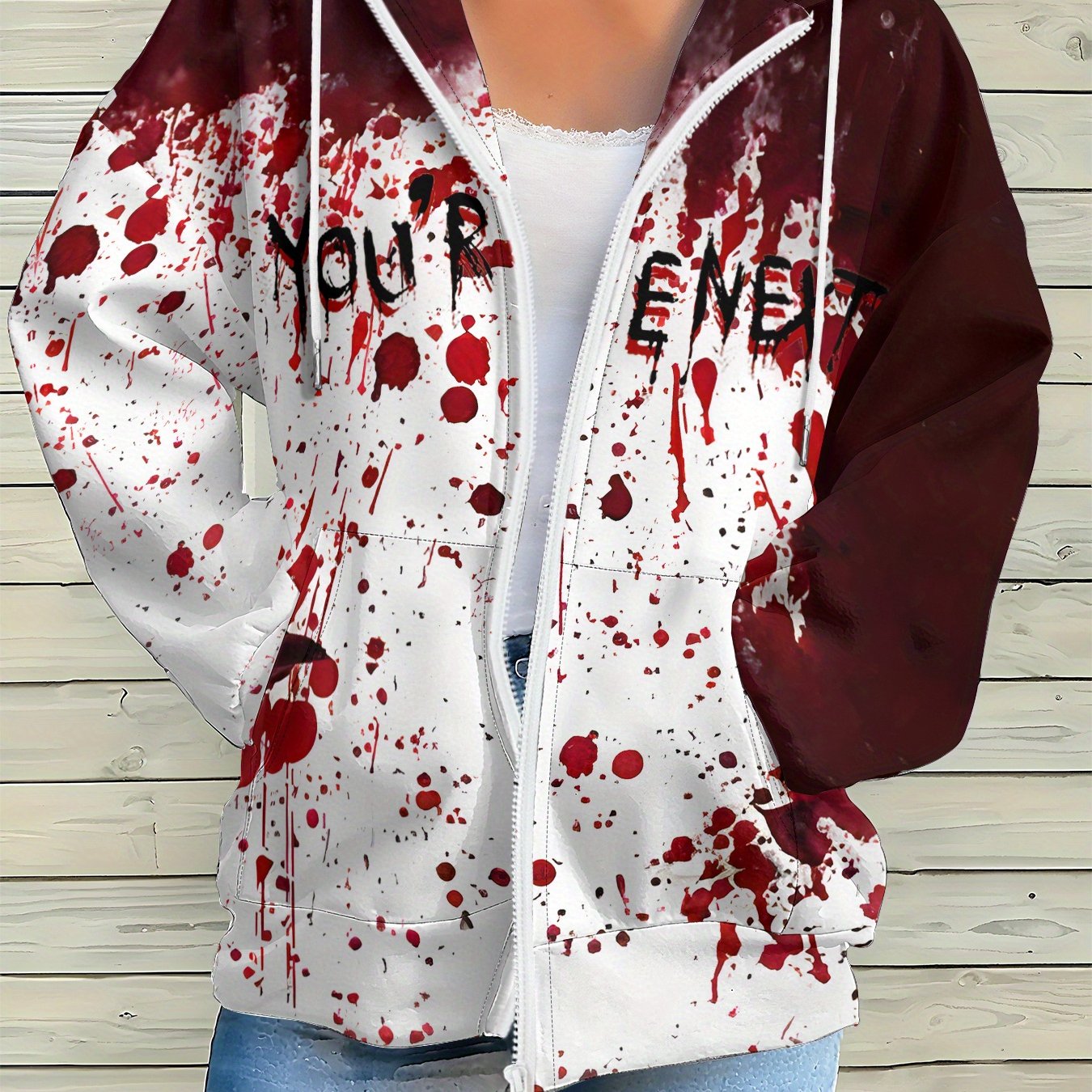 Women's Gothic Horror Jacket - Two-Tone Red Blood Splatter Hooded Zipper Coat, Halloween Costume Outerwear, Machine Washable Party Jacket for Themed Events & Casual Attire, Casual Streetwear, Edgy Fashion, Comfortable Fit, St