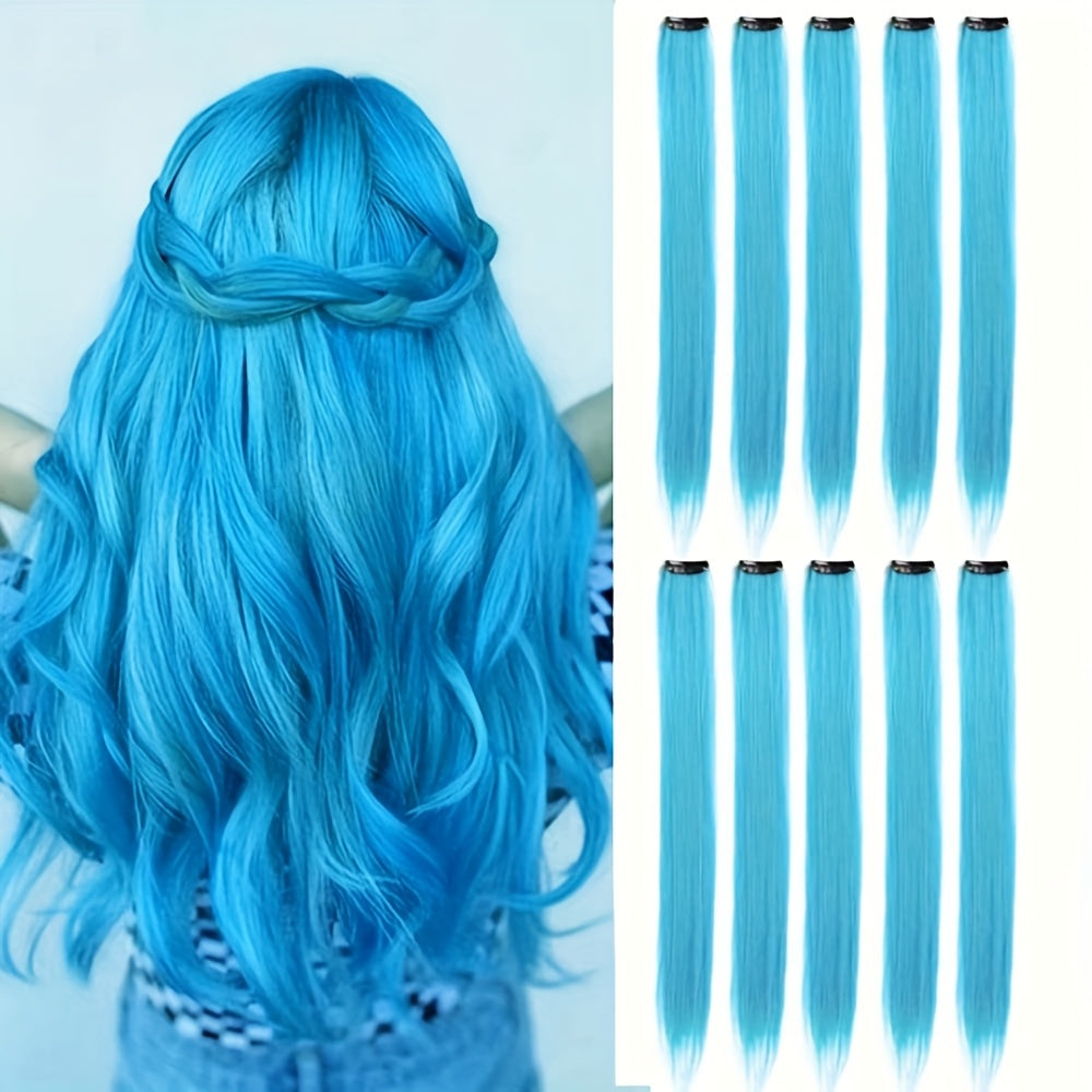 10pcs Glowing Clip-In Synthetic Hair Extensions 20-Inch Colorful Neon Glow-in-the-Dark Wigs, Easy-to-Wear Clip Design, Smooth Soft Texture, Women'S Daily Fashion Accessory for Halloween New Year Parties