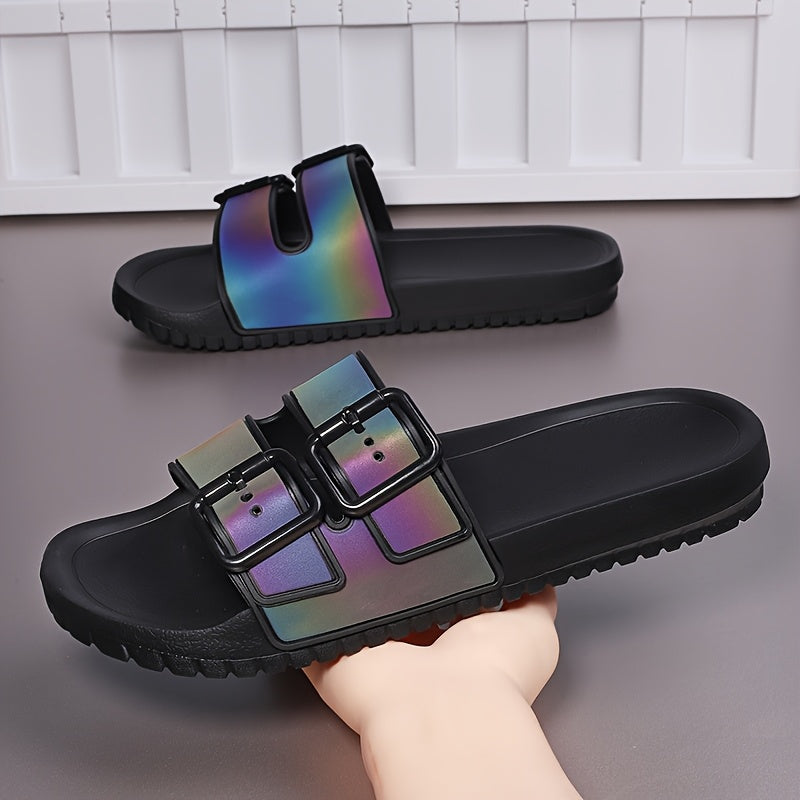 Unisex Fashion Slide Sandals | Adjustable Buckle Straps | Reflective Rainbow Holographic Design | Ultra-Fine Microfiber & EVA Sole | Non-Slip, Durable | Versatile Indoor/Outdoor Use, Strappy Sandals