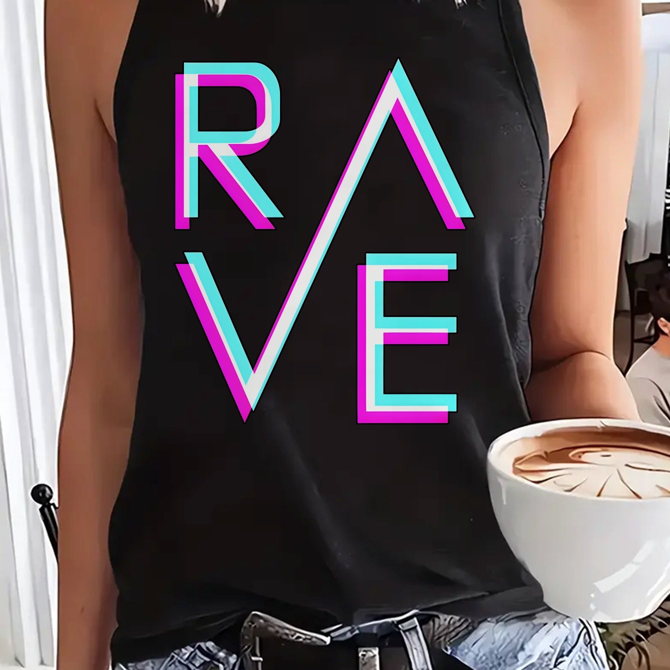 Women's Sexy Sleeveless Tank Top - Black with Neon Pink & Blue 'RAVE' Letter Print, 100% Polyester, Stretchy Round Neck, Machine Washable, All-Season Casual Wear