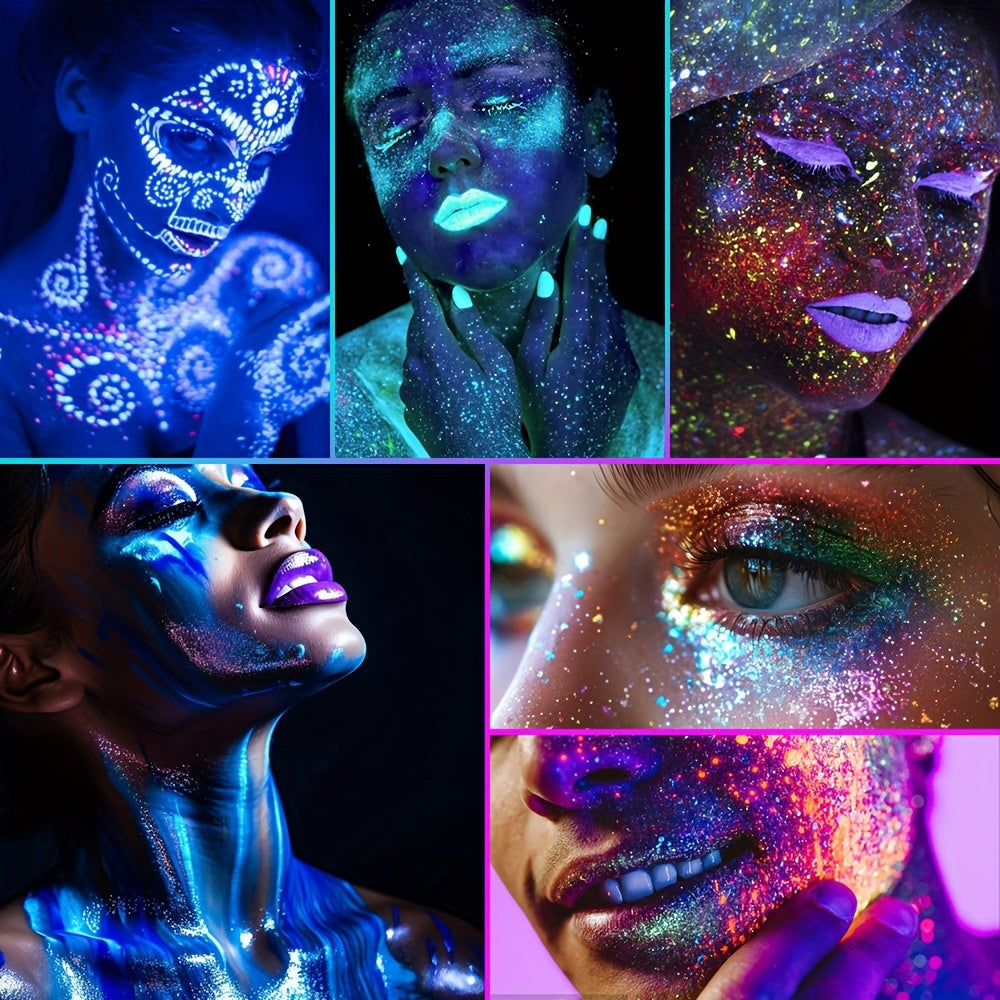 12 Colors Quick Dry Glow-in-the-Dark Glitter Gel - Water-Based, Self-Adhesive Neon Glitter for Women, Perfect for Mardi Gras, Halloween, Party & Festival Makeup, Body Glitter|Vibrant Glitter|Waterproof Glitter, Glitter Eyesha