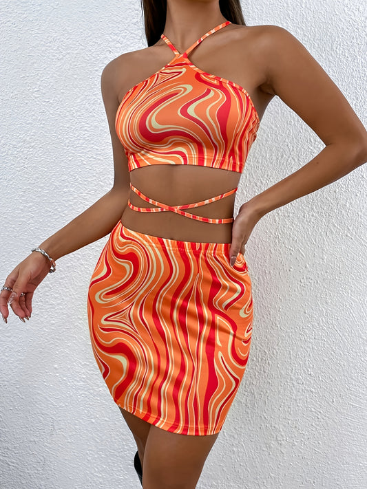 Marble Print Cross Strap Sexy Elegant Strapless Top and Bodycon Skirt