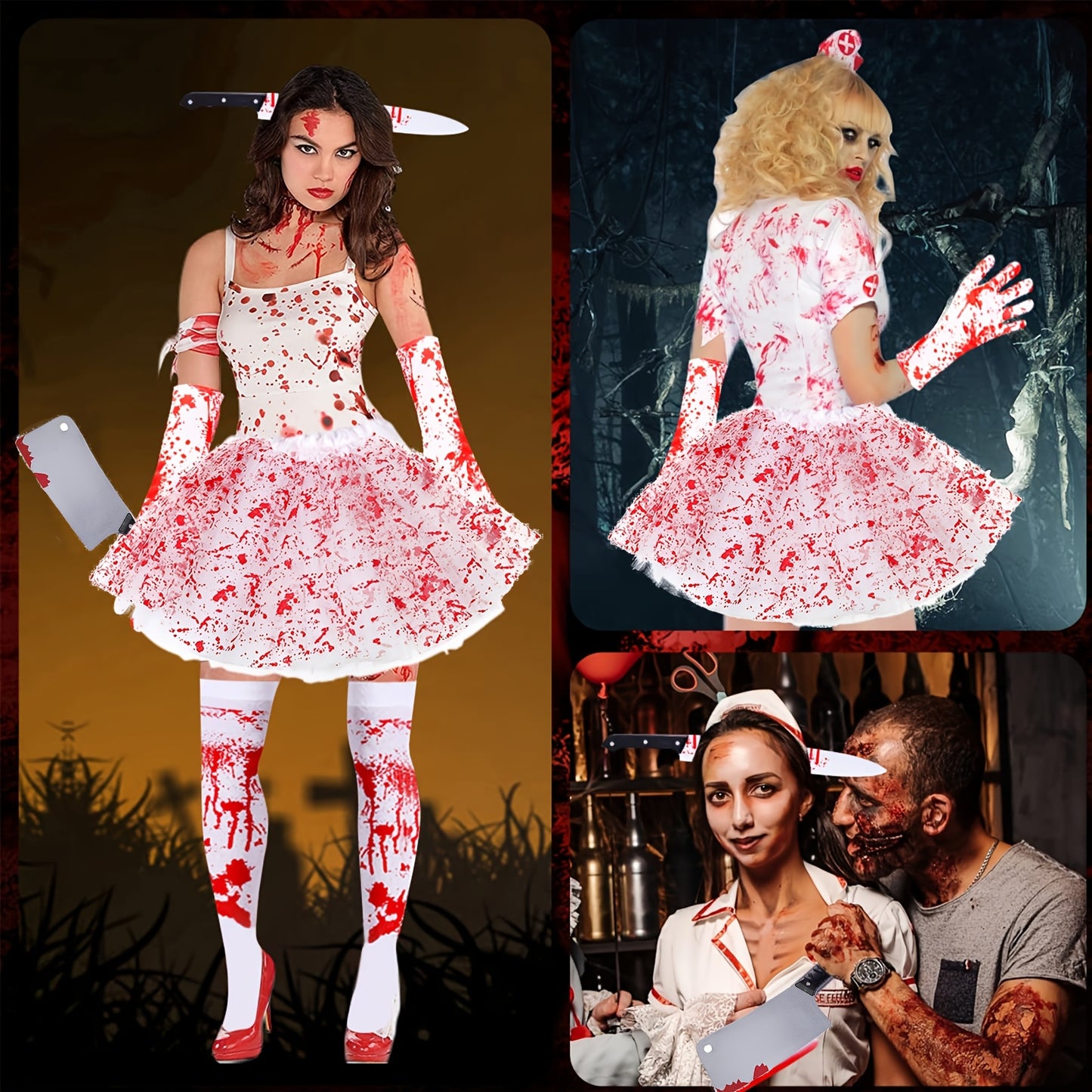 5pcs Halloween Bloody Costume Accessories Set for Women - Includes Gloves, Socks, Knife Headband, Tutu Skirt & Fake Knife - Perfect for Party Cosplay, Halloween Costume Accessories|Spooky Aesthetic|Polyester Fiber, Halloween