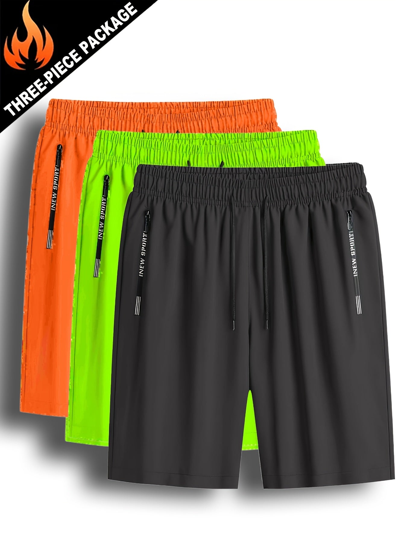 3pcs Men'S Lightweight Quick-Dry Running Shorts - Summer Casual Sport, Loose Fit, Zipper with White Accents, Elastic Waistband, Zipper Pockets, Polyester and Spandex Blend, Large Size
