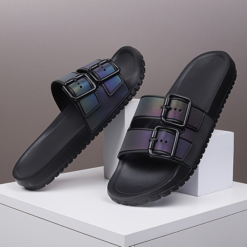 Unisex Fashion Slide Sandals | Adjustable Buckle Straps | Reflective Rainbow Holographic Design | Ultra-Fine Microfiber & EVA Sole | Non-Slip, Durable | Versatile Indoor/Outdoor Use, Strappy Sandals
