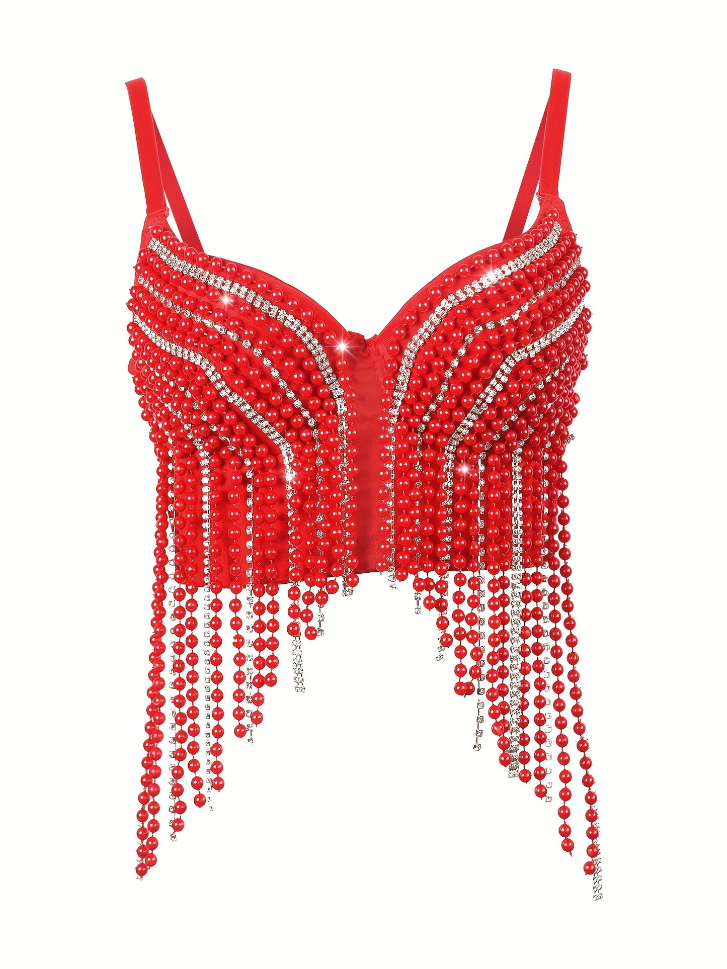 Sexy Fishbone Corset Top with Pearl Embellishments & Tassel Details - Vibrant Pink Stretchy Spaghetti Strap Bustier for Nightclub, Concert, Festival - Versatile All-Season Women's Fashion, Concert Attire, Elegant Style, Styli