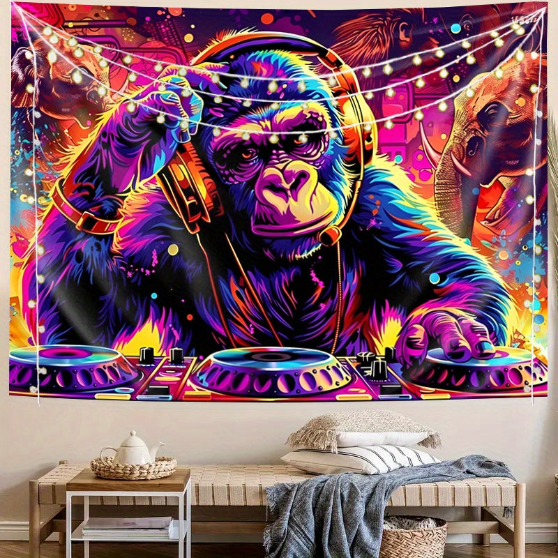 1pc Anime-Themed Blacklight Reactive Glow Tapestry, UV-Activated Wall Hanging with DJ Gorilla & Elephant, Knit Polyester Fabric, 85gsm, for Bedroom Ceiling, Dorm & Living Room Decor, No Electricity Needed