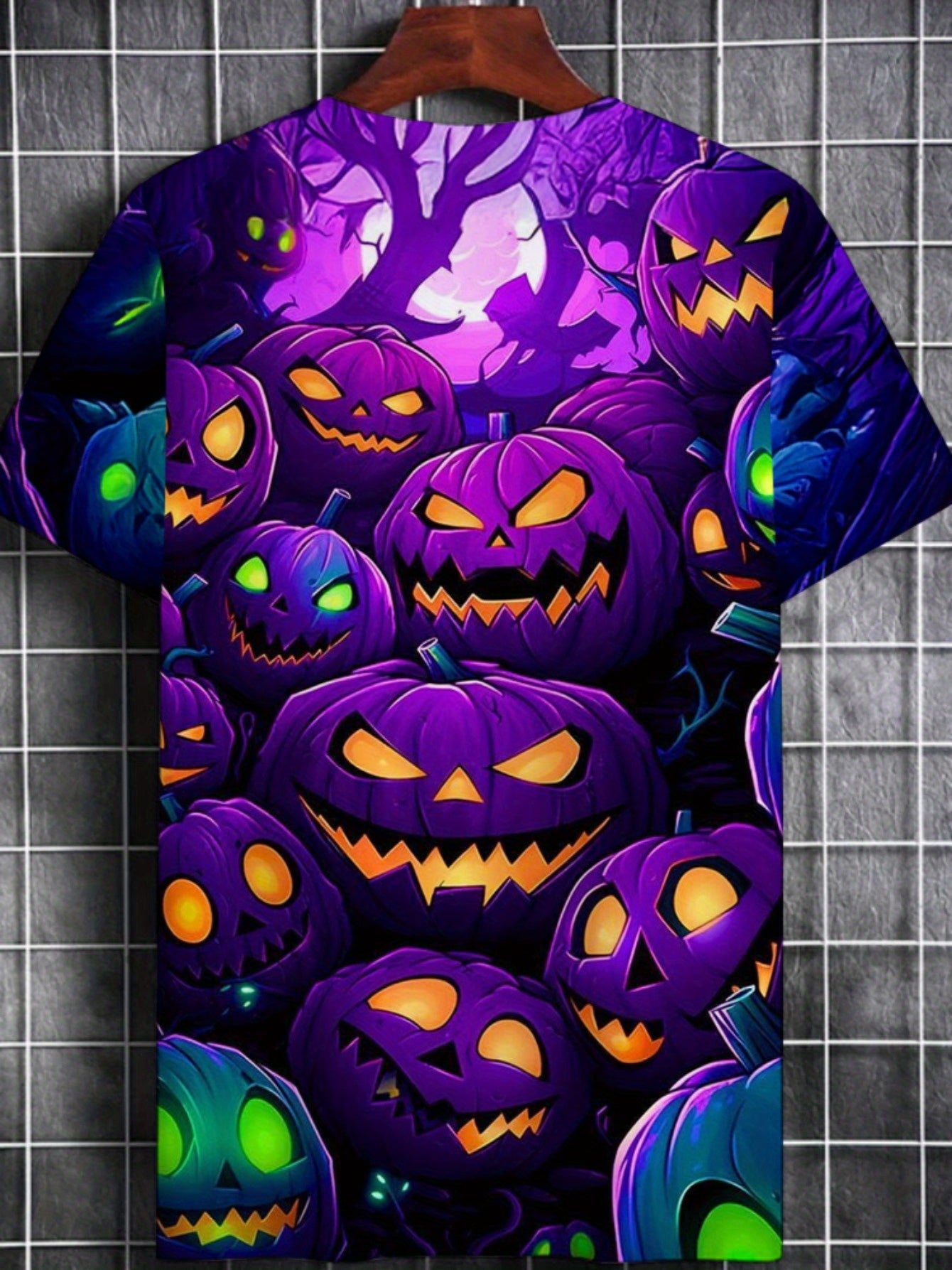 Men'S Halloween T-Shirt - Purple Pumpkin Graphic Tee with Jack-O'-Lanterns, Lightweight Breathable Fabric for Costume Parties, Halloween Bars, Clubs - Spooky Party Outfit Casual Attire - Easy-Care Round Neck Shirt, Halloween